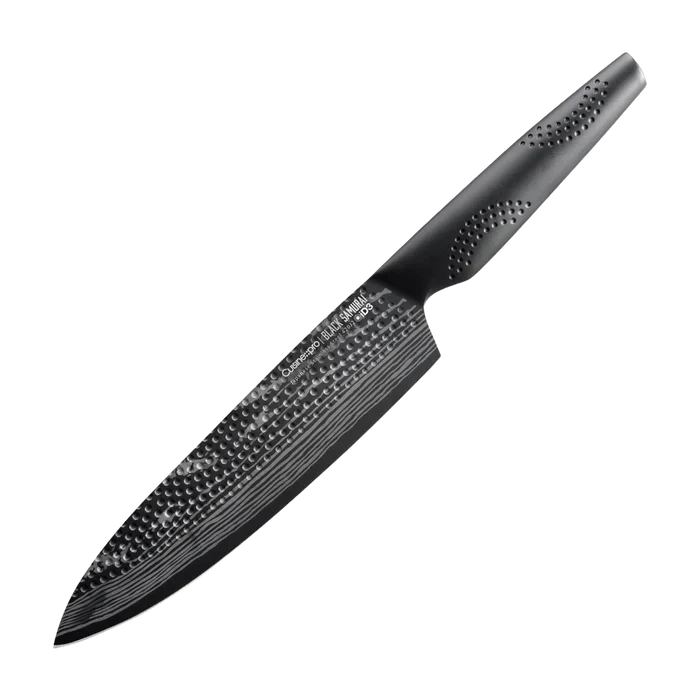 Couteau de chef 8 pouces Cuisine::pro iD3® BLACK SAMURAI™ en acier japonais avec revêtement céramique noir mat antibactérien.