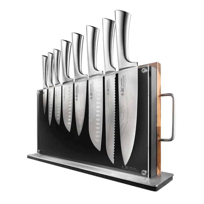 Bloc à couteaux Damashiro Bodo 10 pièces avec planche à découper en bois d'acacia