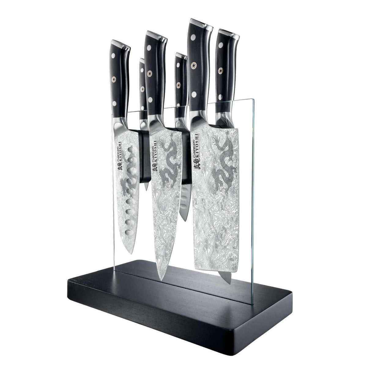 Bloc de couteaux 7 pièces Kiyo KIYOSHI® avec support en verre trempé et lame en acier japonais