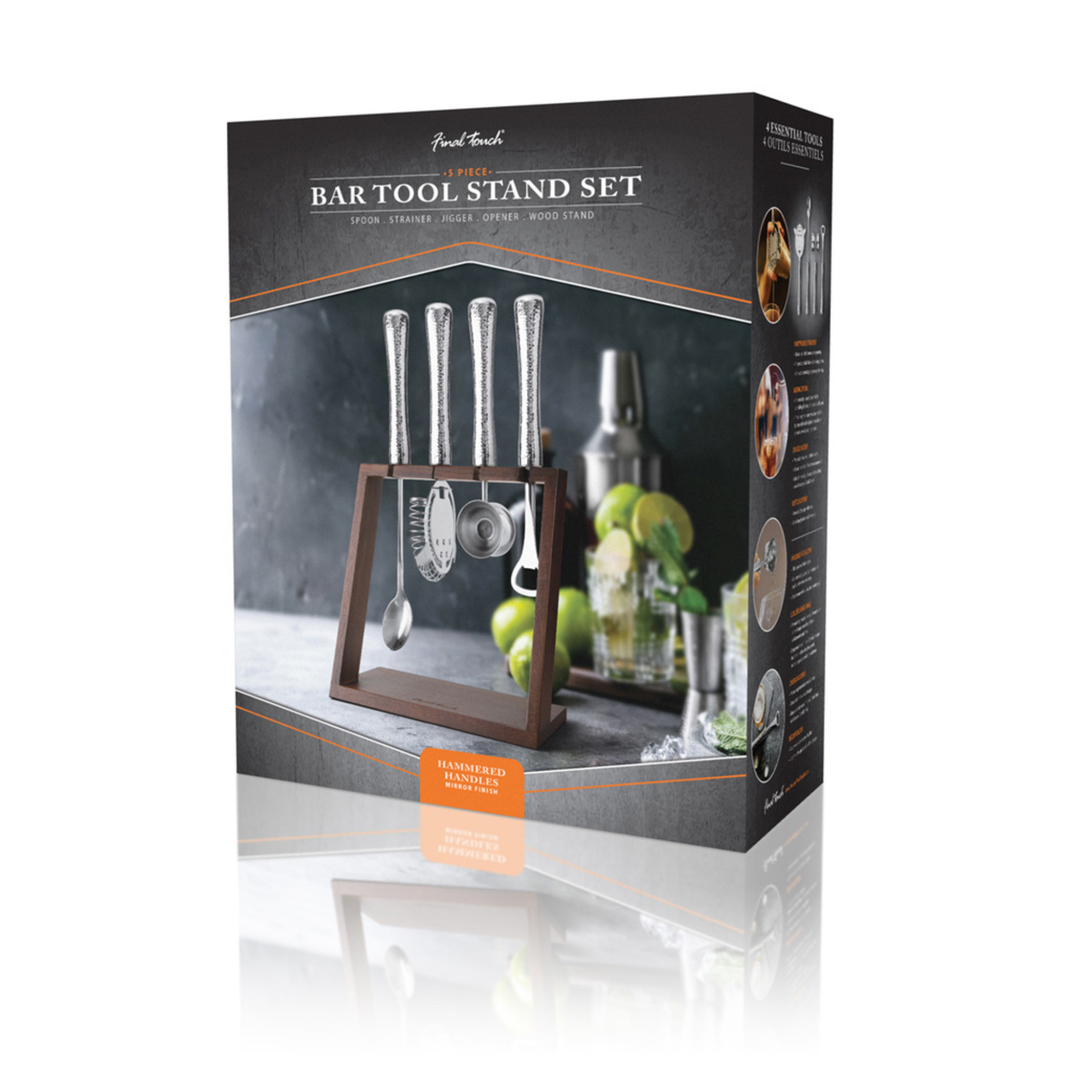 Ensemble d’outils de bar en acier inoxydable martelé avec support 4 pièces – Final Touch