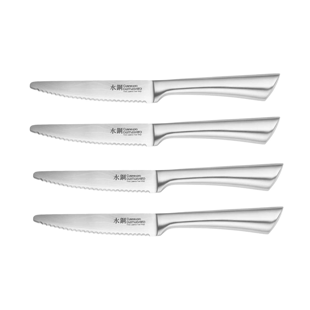 Ensemble de 4 couteaux à steak Damashiro® 11,5 cm avec lames dentelées en acier inoxydable japonais et manches lestés pour une coupe précise et élégante