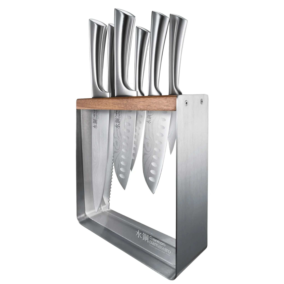 Bloc de couteaux Kinzoku Damashiro® 7 pièces avec lames acier inoxydable japonais et bloc en bois d’acacia