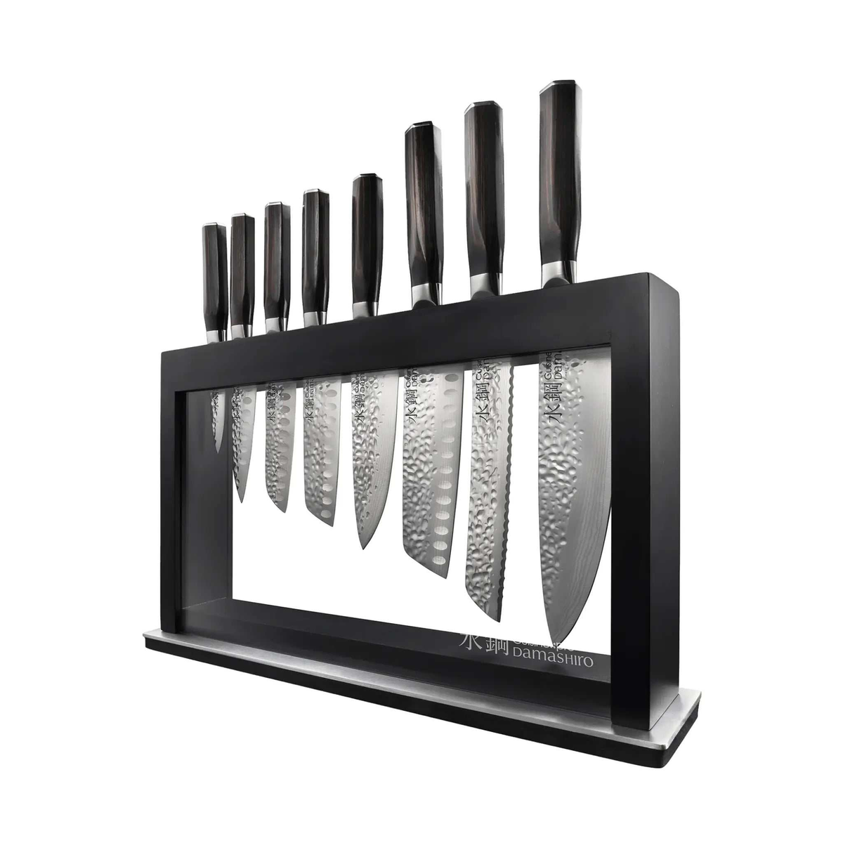 Bloc de couteaux Hisa Damashiro EMPEROR 9 pièces en acier japonais avec bloc en bois transparent