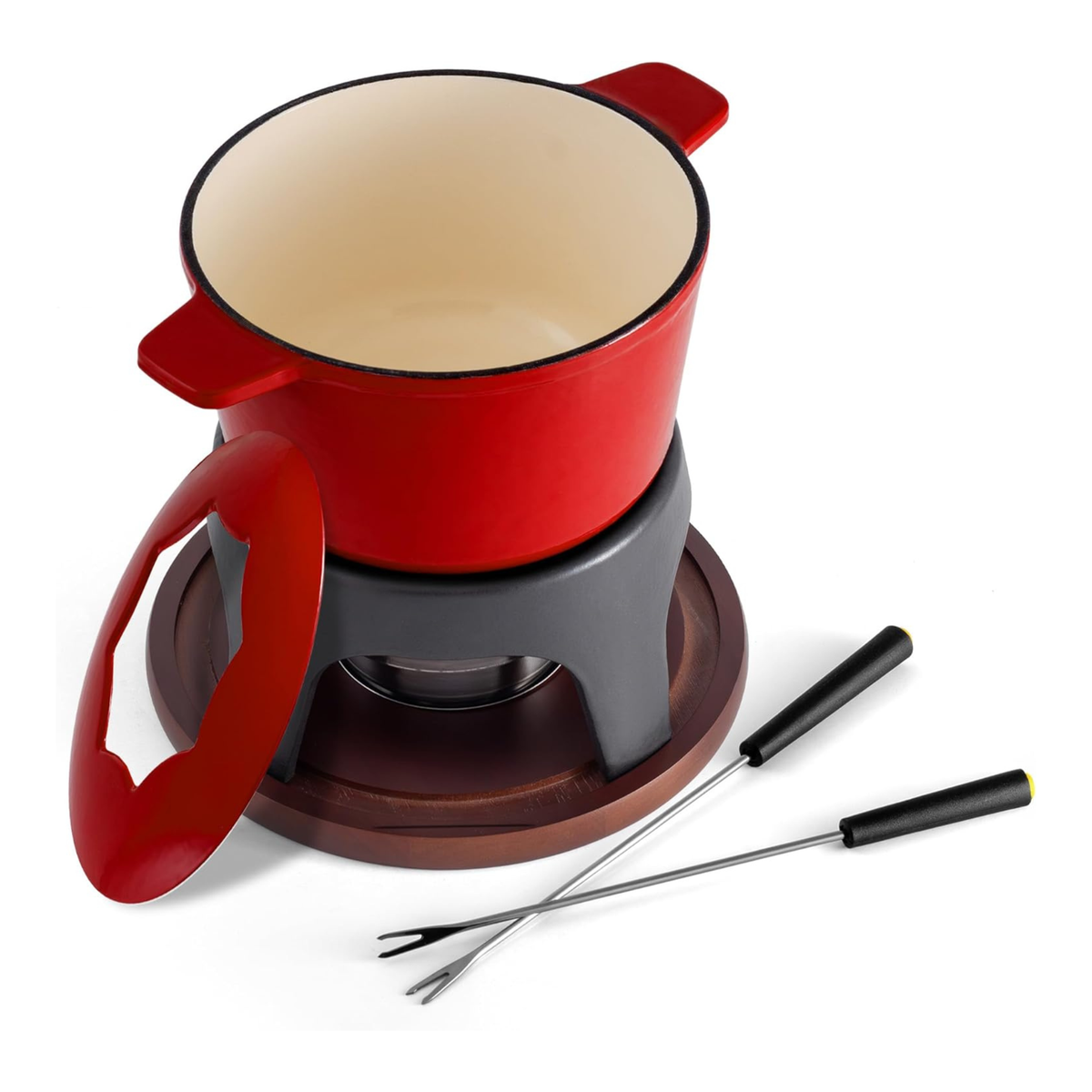 Ensemble à fondue 12 pièces en fonte émaillée rouge cerise Swissmar avec base en bois et réchaud