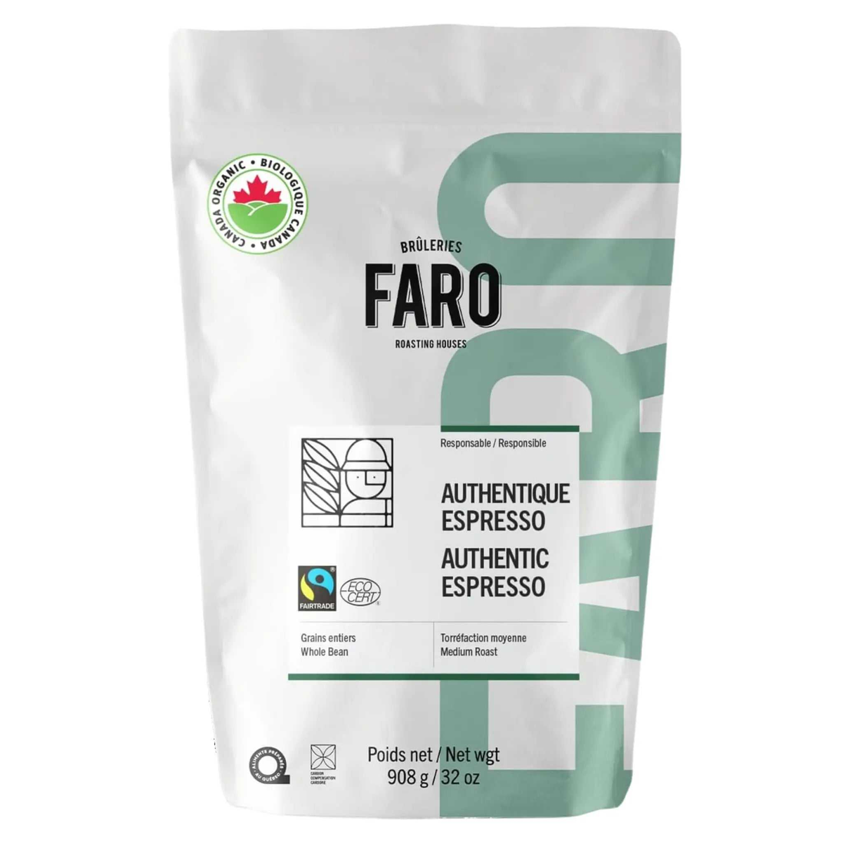 Sac de 908g de café en grains espresso biologique arabica torréfié moyen certifié USDA et équitable