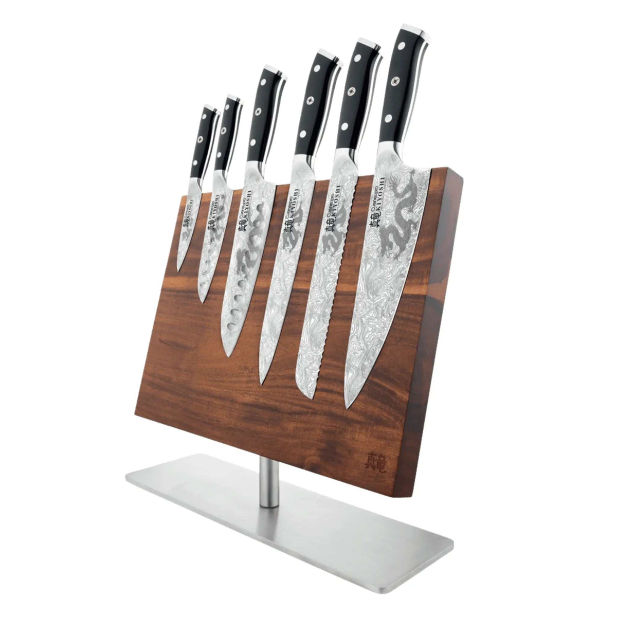 Bloc de couteaux 7 pièces Kei KIYOSHI® avec couteaux en acier japonais sur présentoir magnétique en bois d'acacia