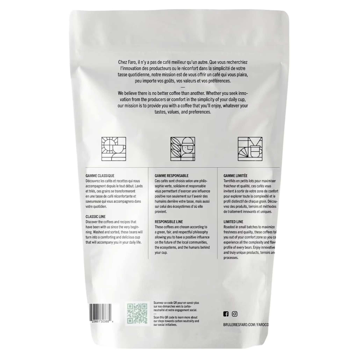 Sac de 908g de café en grains arabica biologique espresso torréfaction moyenne Faro