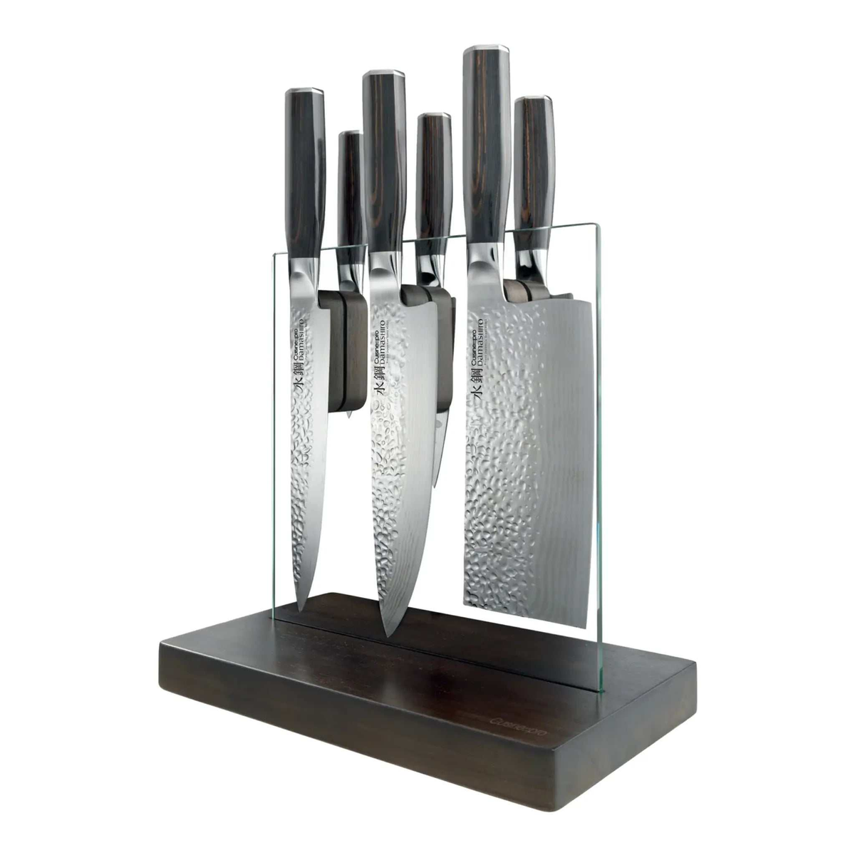 Bloc de couteaux Hikari Damashiro EMPEROR® 7 pièces sur support verre trempé avec lames en acier inoxydable japonais 420J2 finition martelée tsuchime