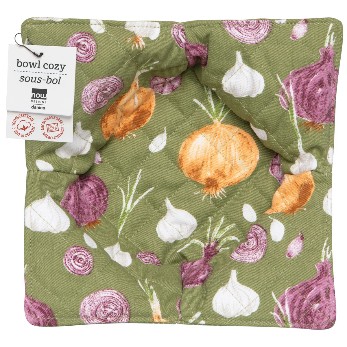Support à bol en coton matelassé vert avec motif ail et oignon 22,9 cm – Now Designs 