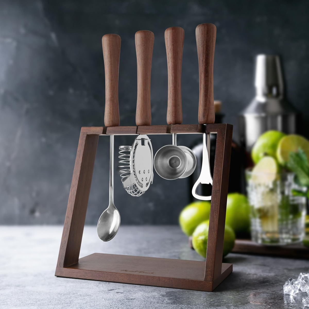Ensemble d’outils de bar en acier inoxydable avec poignées en bois 4 pièces – Final Touch