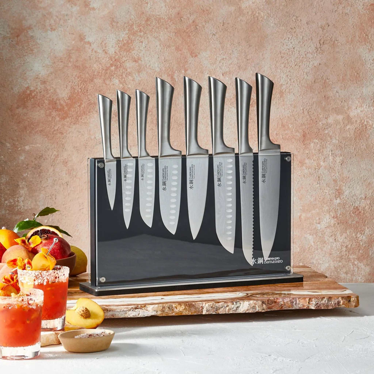 Bloc de couteaux magnétique Nami Damashiro® 9 pièces avec lames en acier japonais et bloc en bois d’acacia