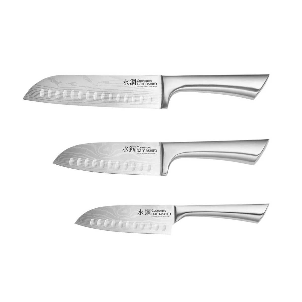 Ensemble de 3 couteaux Santoku Damashiro® de tailles 16,5 cm, 14 cm et 12,5 cm pour coupes précises en cuisine japonaise
