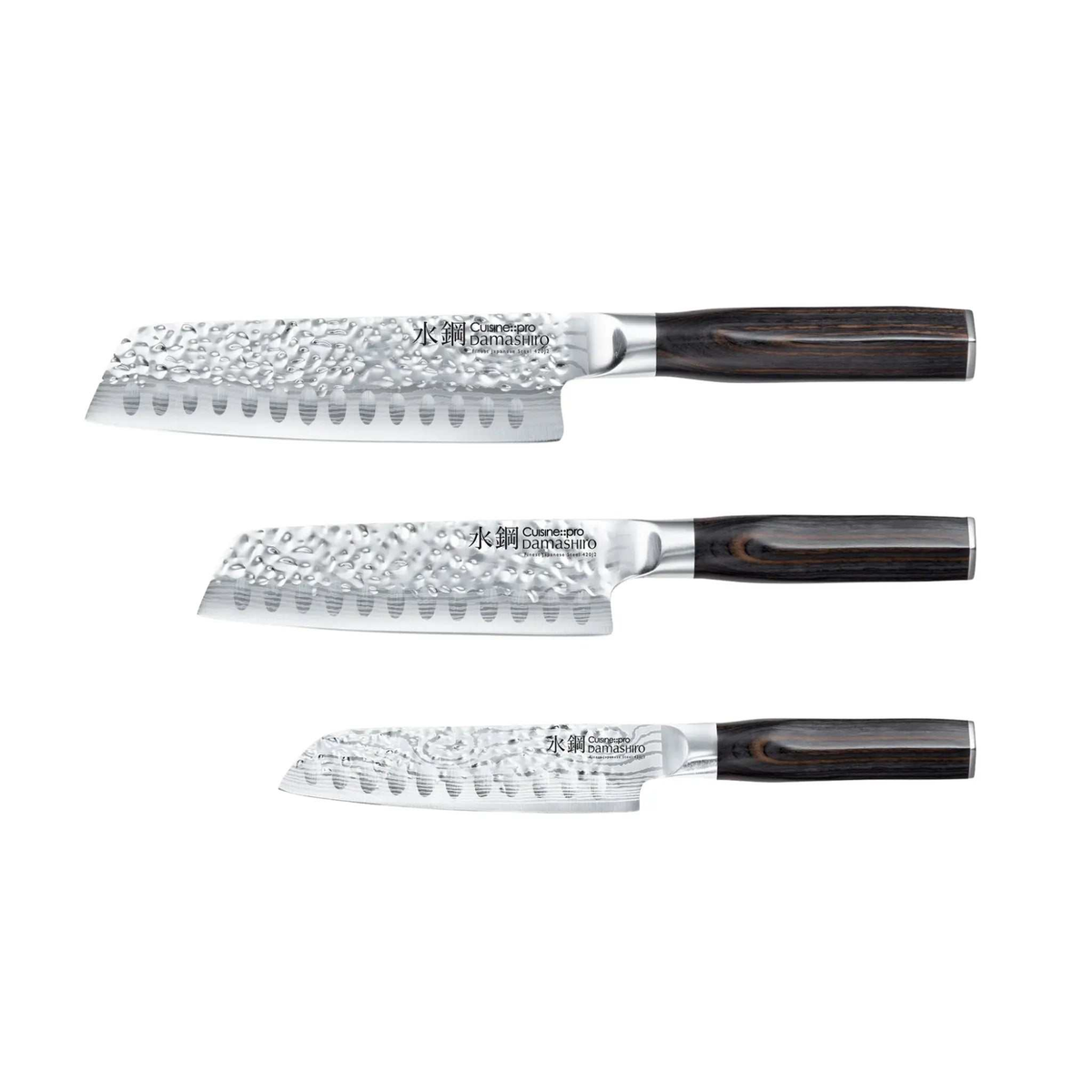 Ensemble de 3 couteaux Santoku Damashiro EMPEROR Cuisine pro avec lames larges pour hachage précis