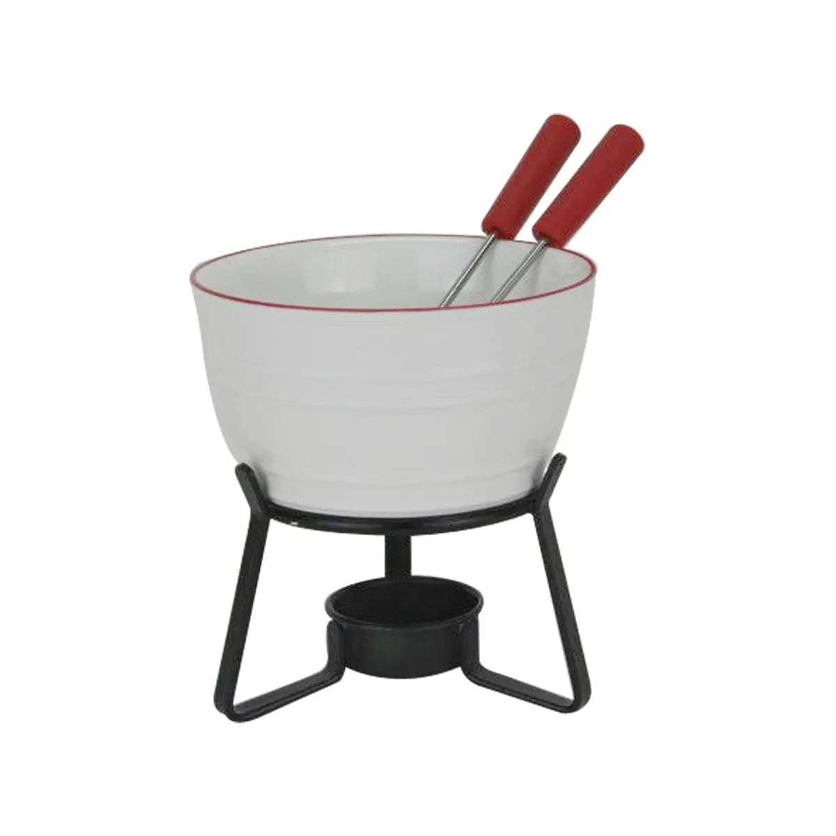 Ensemble à fondue blanc avec bord rouge, support métal et brûleur intégré, livré avec deux fourchettes pour moments conviviaux