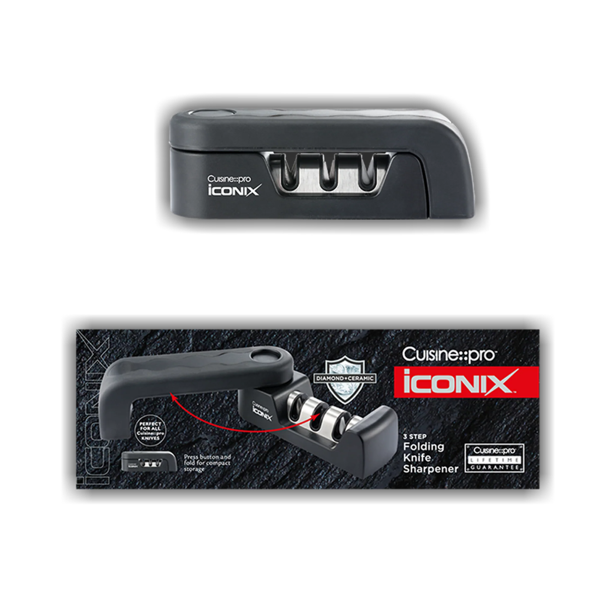 Aiguiseur de couteaux pliable 3 étapes iconiX™ – Cuisine::pro® 