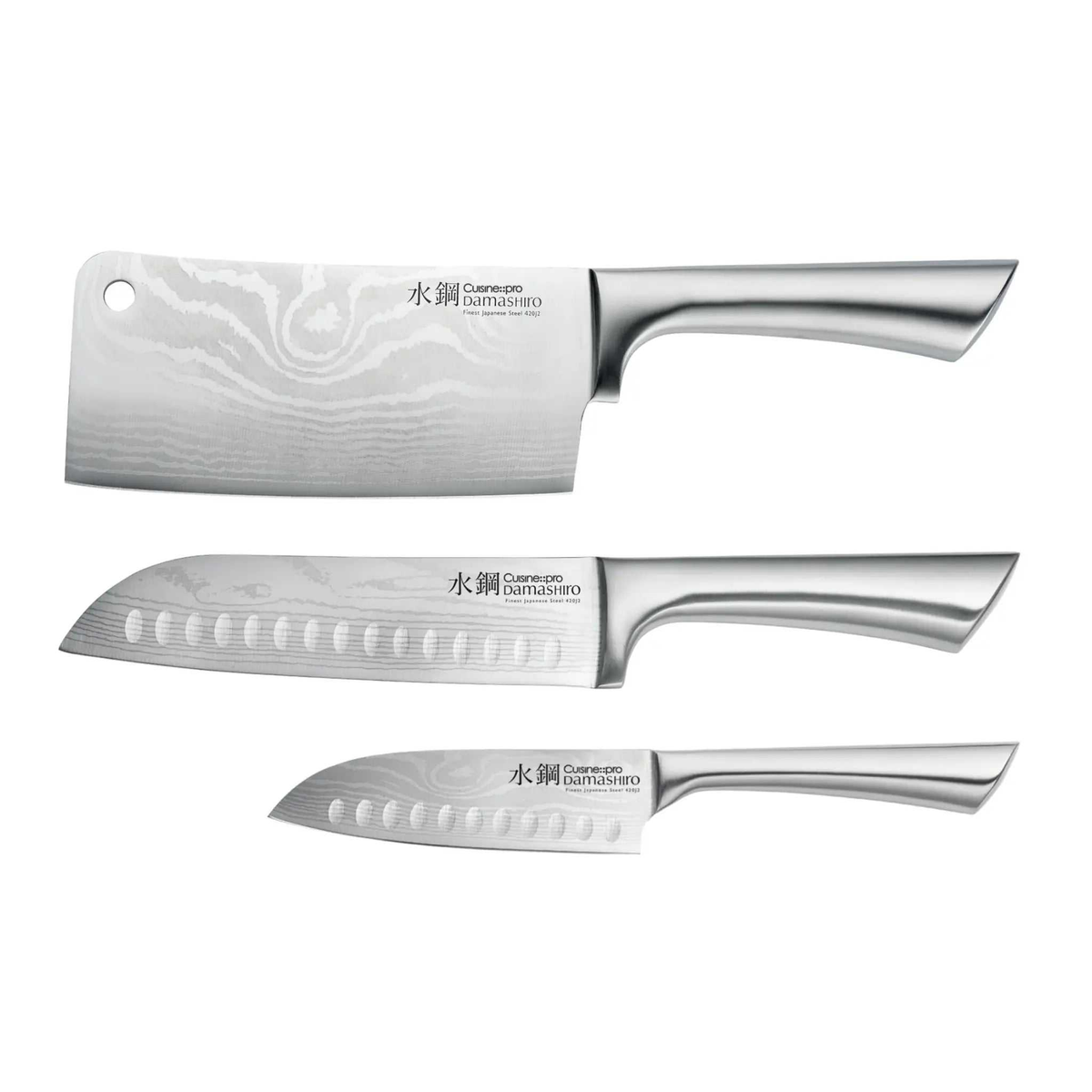 Ensemble de couteaux Ultimate Damashiro® 3 pièces en acier inoxydable japonais avec deux santokus et un couperet pour cuisine pro