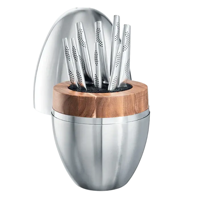 Bloc à couteaux The Egg 9 pièces en acier inoxydable avec manche en acacia et technologie MicroDot®