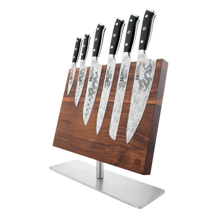 Bloc à couteaux japonais KIYOSHI™ 7 pièces avec lame Dragon et bloc en bois élégant