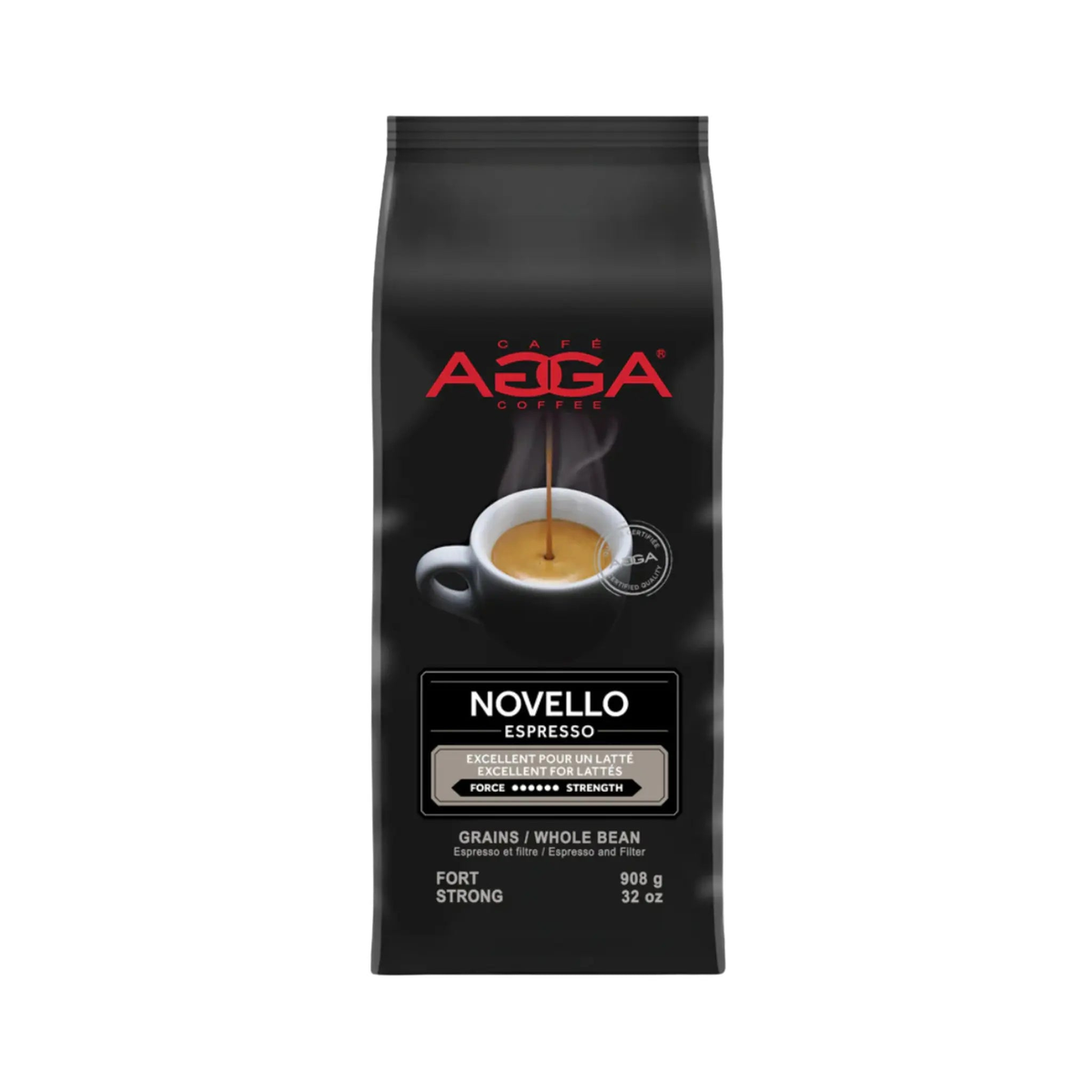 Café en grains Novello 908 g avec mélange espresso à torréfaction foncée aux notes de cacao, caramel et fumée
