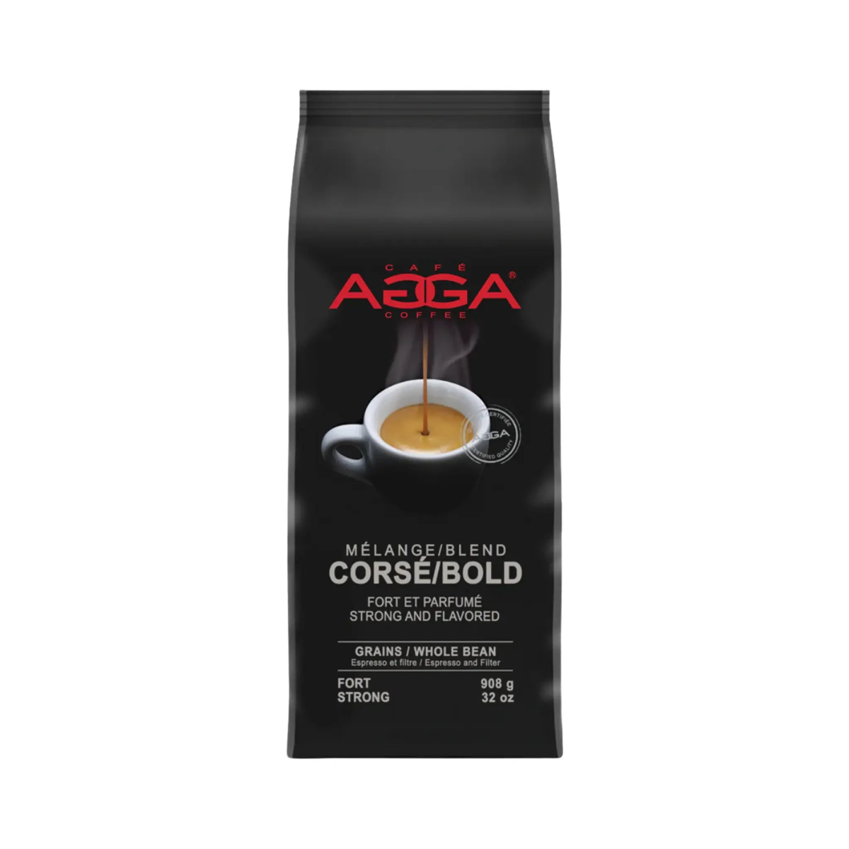 Café en grains Mélange Corsé 908 g avec grains brun et noir, profil audacieux et riche.
