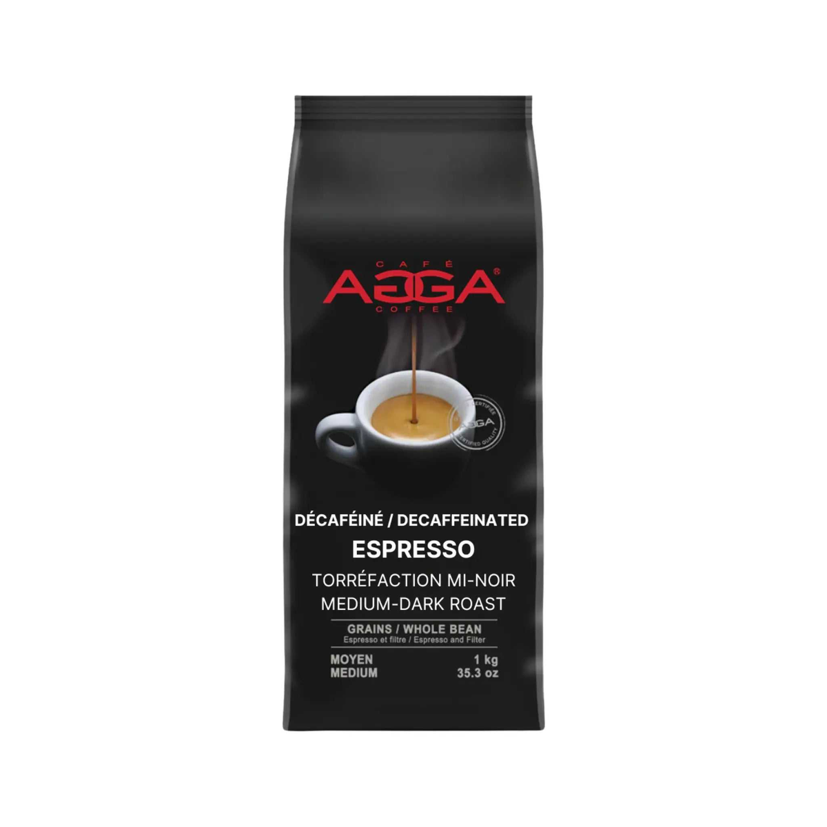 Café en grains Espresso Décaféiné 1 kg with rich chocolate, hazelnut, and caramel notes