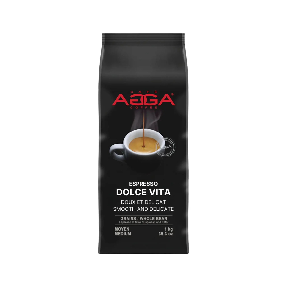 Paquet de 1 kg de Café moulu Dolce Vita avec notes de caramel, miel et noisette