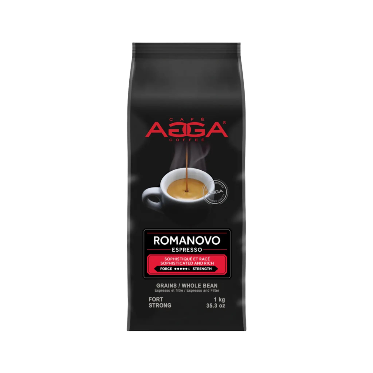 Paquet de 1 kg de café en grains Romanovo de torréfaction moyen-foncée avec notes de chocolat noir et noisette grillée
