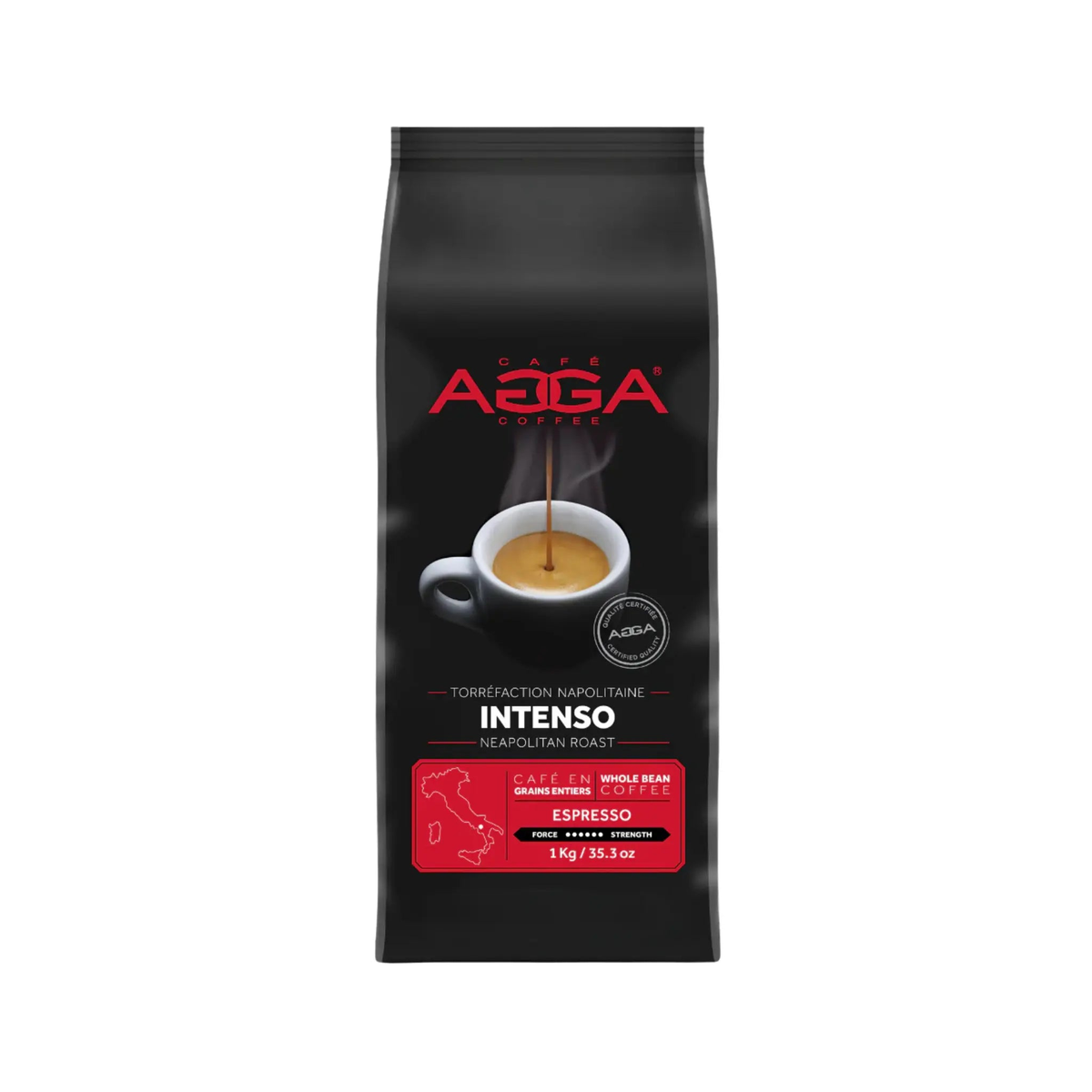 Café en grains Intenso 1 kg sachet avec mélange espresso torréfaction foncée riche et corsé