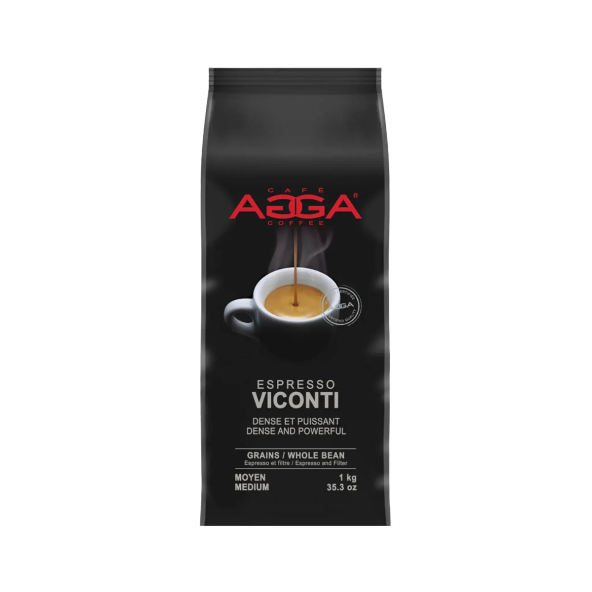 Sac de 1 kg de café en grains Viconti AGGA avec mélange espresso aux notes de chocolat et noisette grillée