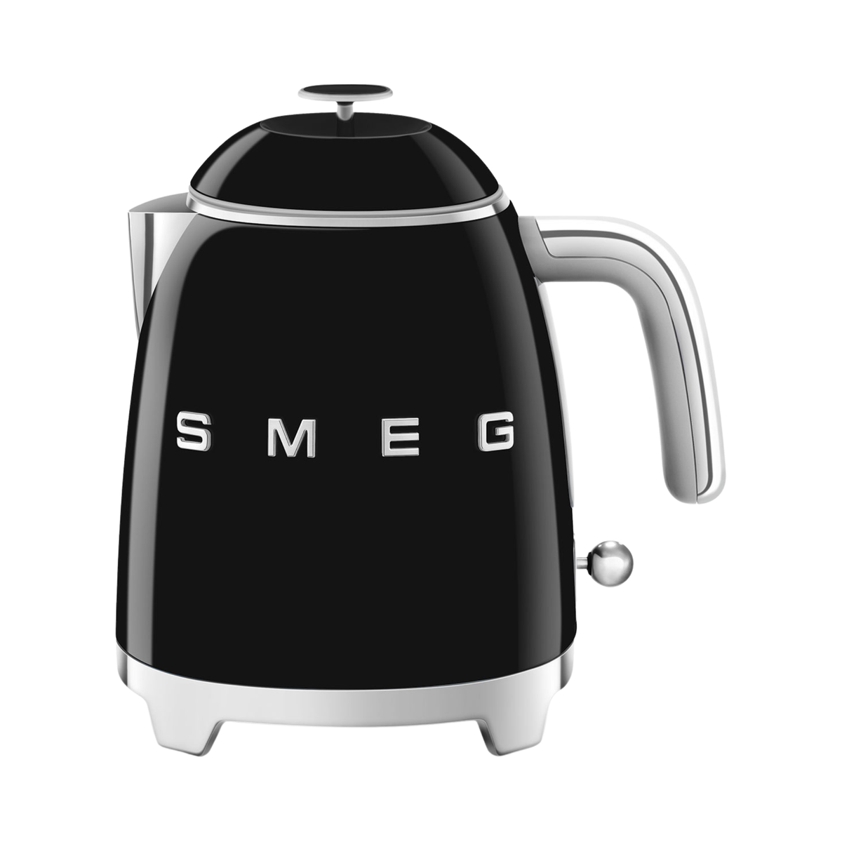 Mini bouilloire électrique noire style Années 50 compacte avec capacité 0,8 L et socle rotatif.