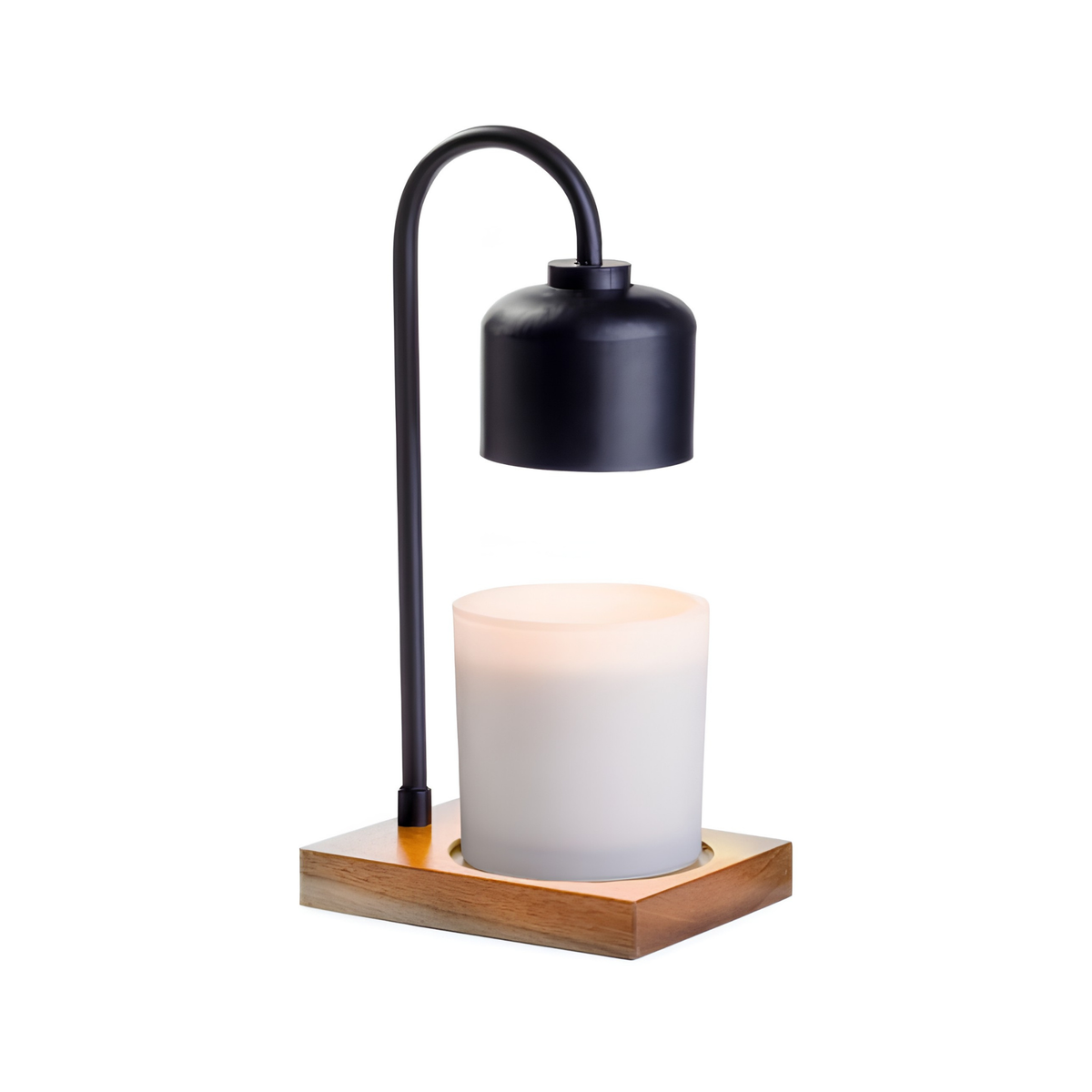 Black arched candle warmer lamp and wood