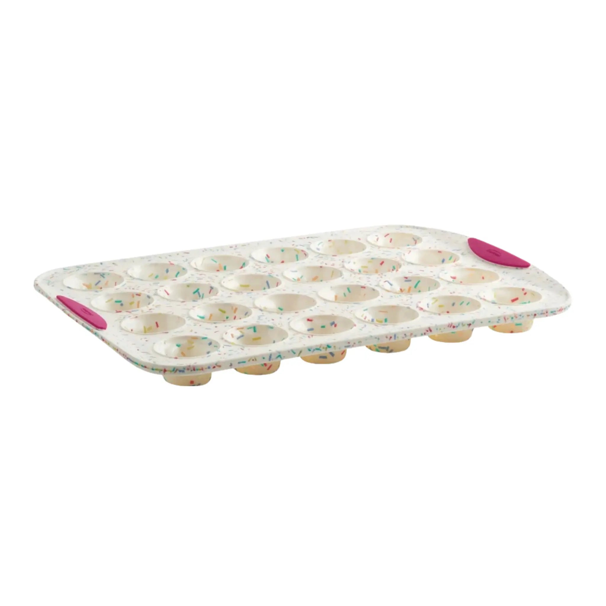 Moule à 24 mini muffins confettis en silicone avec structure acier renforcé, antiadhérent et compatible micro-ondes et réfrigérateur