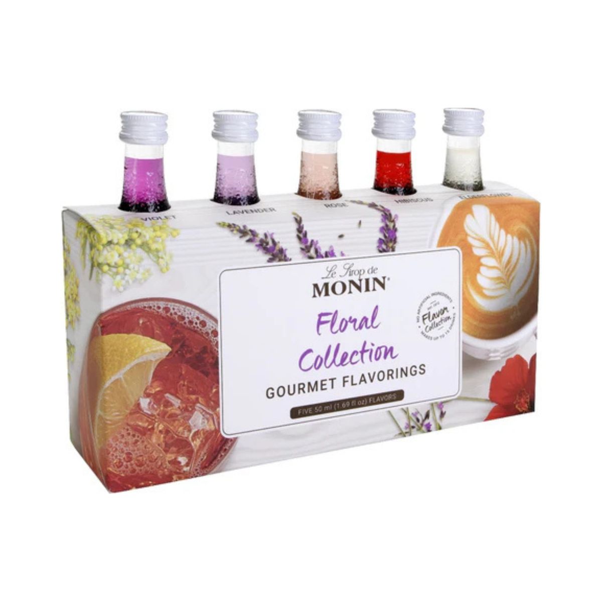 Coffret collection Floral Monin avec 5 mini sirops aux saveurs florales délicates