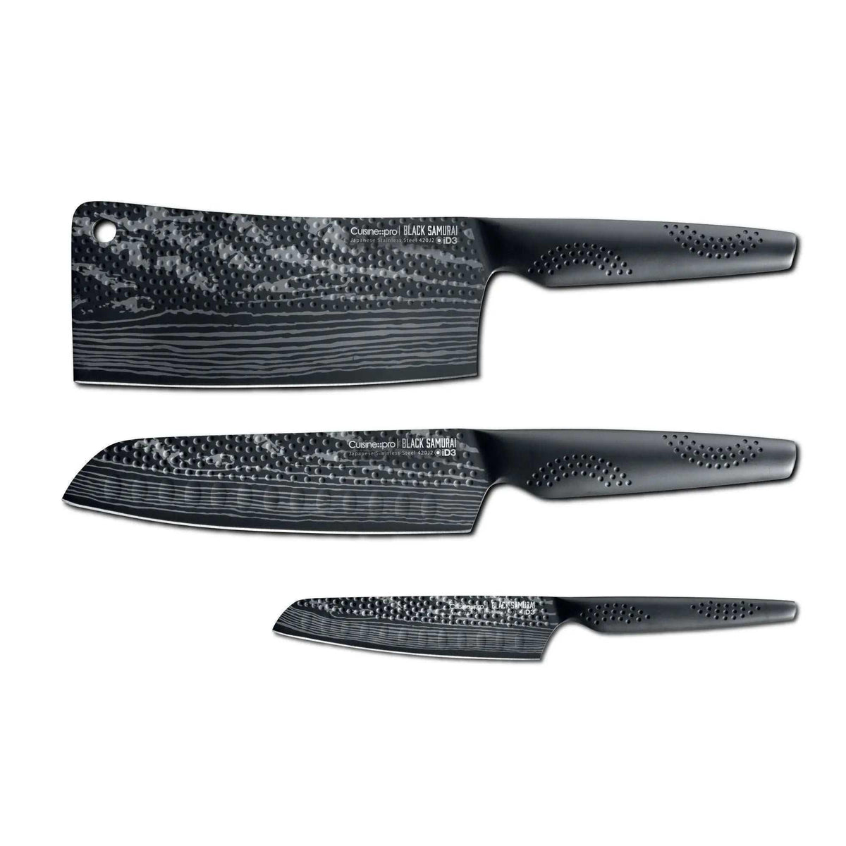 Ensemble de 3 couteaux iD3® BLACK SAMURAI™ avec lames en acier japonais noir mat et poignées ergonomiques