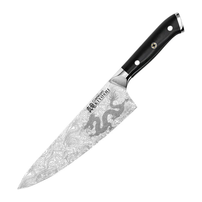 Couteau de chef KIYOSHI® 20 cm avec lame damas et manche G-10 triple riveté.