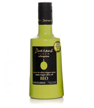 Bouteille de 500ml d'huile d'olive biologique Finca Duernas Arbequina certifiée supérieure