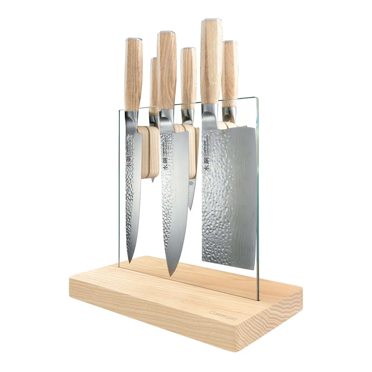 Bloc de couteaux Hikari Damashiro EMPEROR 7 pièces en frêne avec support magnétique en verre trempé