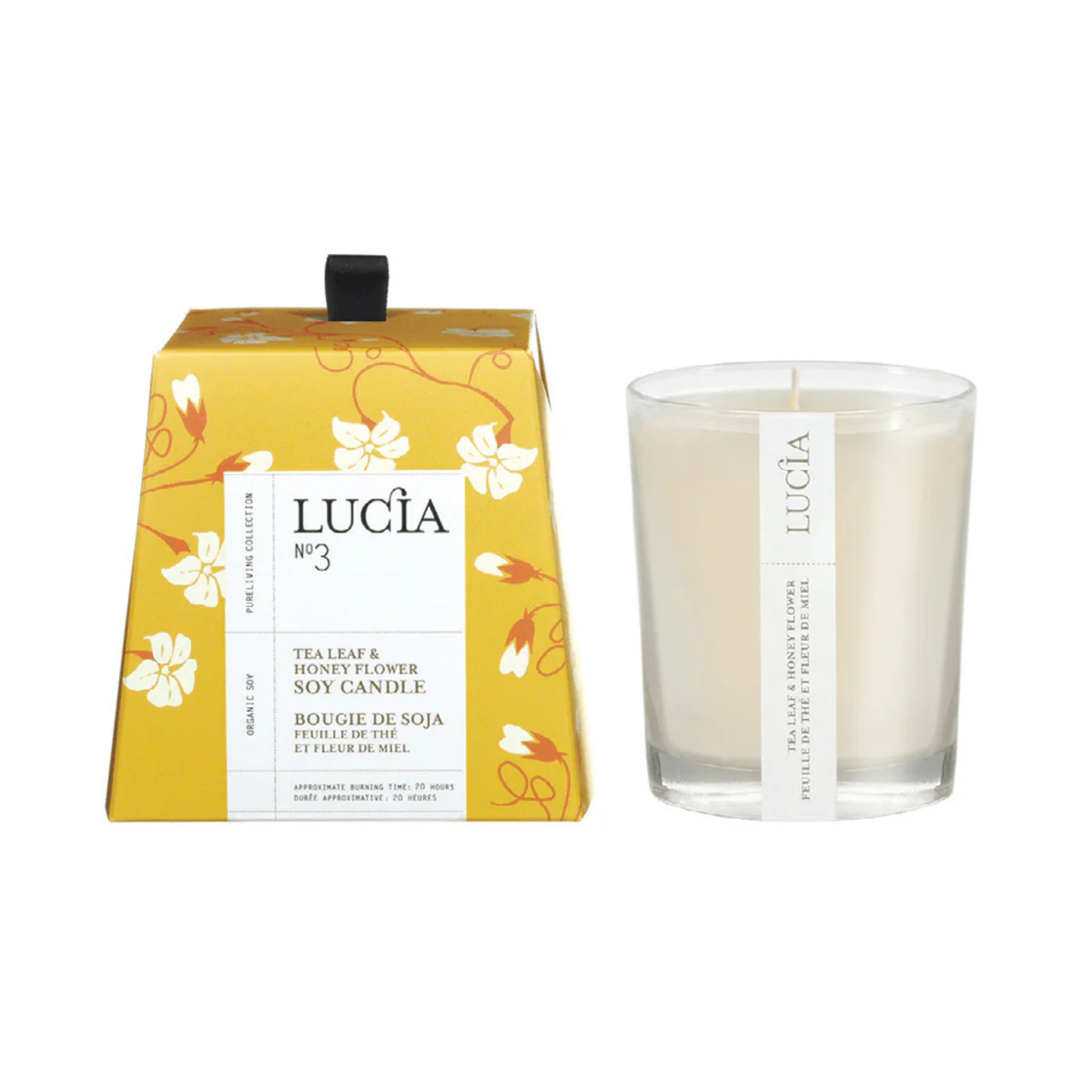 Bougie Lucia soja bio thé et miel vue complète

