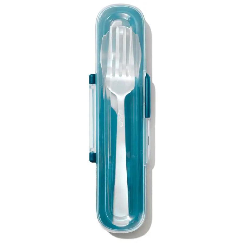 Ensemble d'ustensiles inox 3 pièces avec étui transport compact bleu