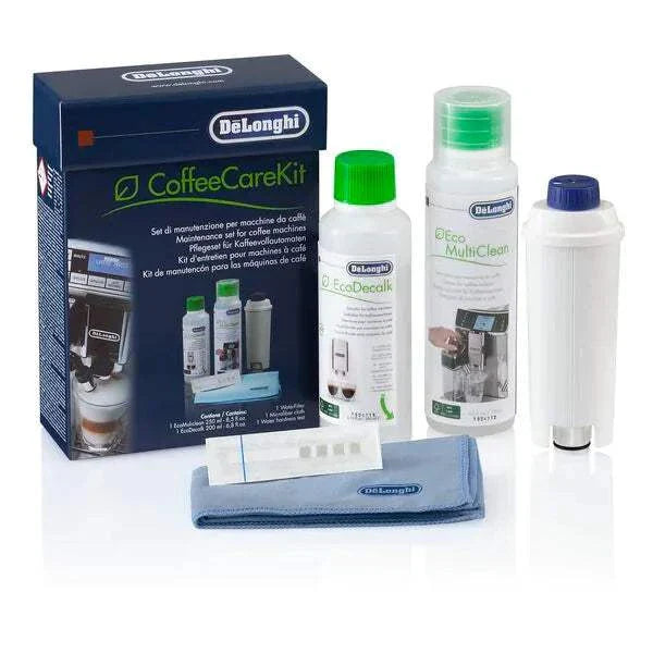 Coffret d'entretien De'Longhi 5 pièces pour machine à café avec solutions détartrantes, filtre à eau, dissolvant lait, chiffon microfibre et test dureté eau