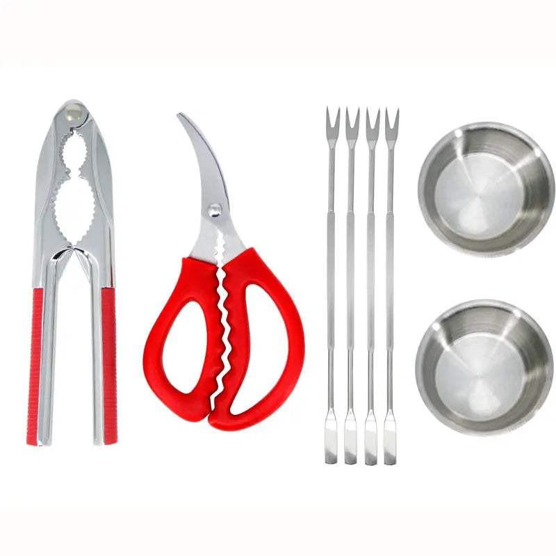 Ensemble 8 pièces pour fruits de mer comprenant pinces, ciseaux, fourchettes et coupelles à sauce en métal et plastique rouge
