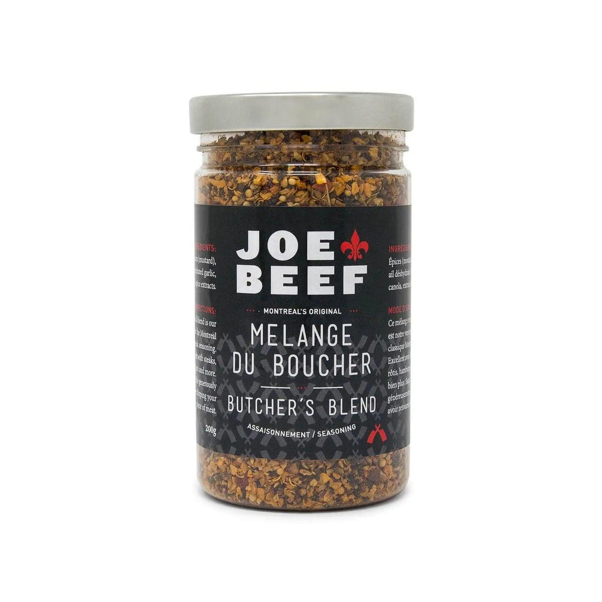 Joe Beef Mélange du Boucher 200g seasoning blend jar with black label and metal lid