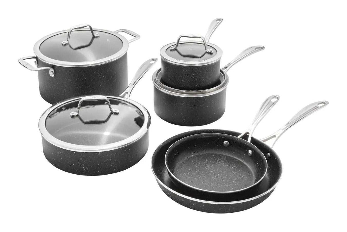 batterie de cuisine en aluminium Henckels Capri 10 pièces avec revêtement antiadhésif Dark Granitium et couvercles en verre