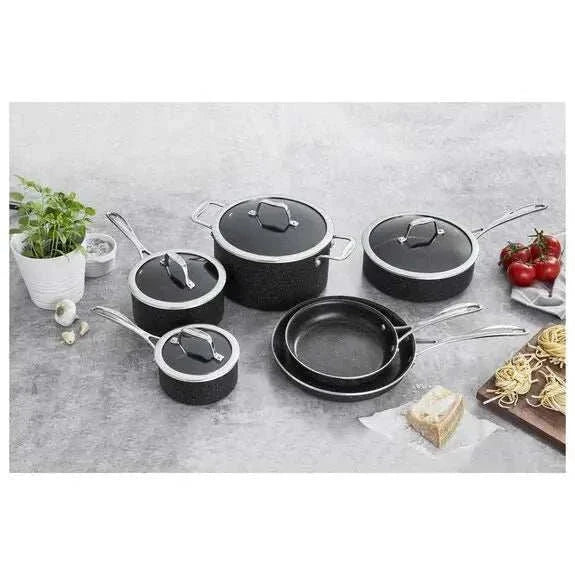 Batterie de cuisine en aluminium noire 10 pièces avec revêtement antiadhésif et couvercles en verre hermétiques Henckels Capri