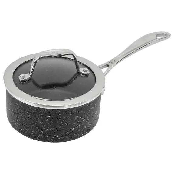 batterie de cuisine en aluminium casserole noire avec couvercle en verre et poignée en acier inoxydable