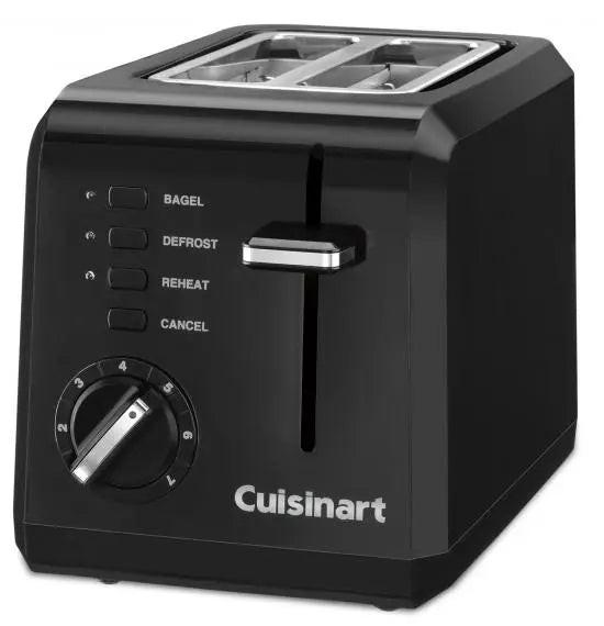 Grille-pain noir compact Cuisinart à 2 tranches avec 7 réglages de brunissage et commandes bagel, décongélation, réchauffage.