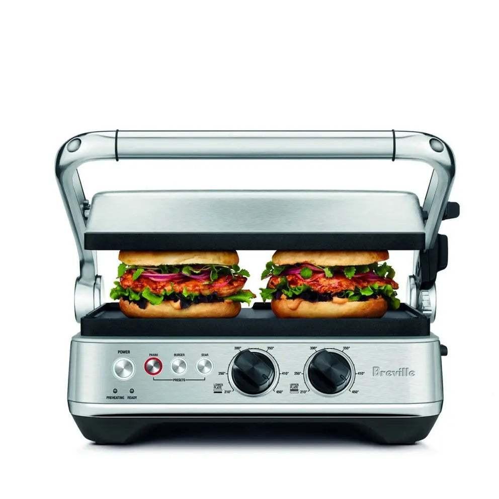 Presse-panini Sear & Press Breville avec hamburgers grillés sur plaques antiadhésives en céramique